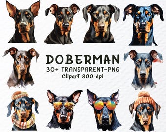 Watercolor Doberman Puppy PNG Clipart Bundle (Digital Download)