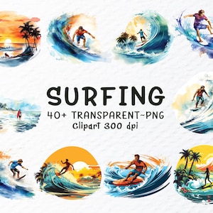 Pacote de clipart de surfe em aquarela PNG: designs de pranchas de surfe de verão (download digital 1024x1024px, 300 DPI)