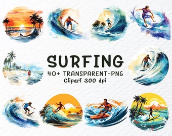 Watercolor Surfing Clipart PNG Bundle: Summer Surfboard Designs (Digital Download 1024x1024px, 300 DPI)