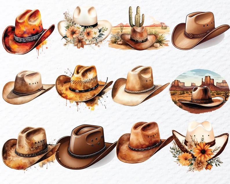 Watercolor Cowboy Hat Clipart Bundle, Wild West Png Files (digital ...