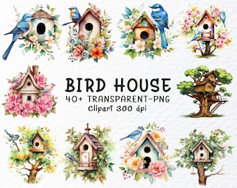 Watercolor Birdhouse Clipart: Floral Spring PNG Files (Digital Download, 1024x1024px, 300 DPI)