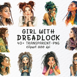 Könnte beinhalten: Aquarellillustrationen von Frauen mit Dreadlocks in verschiedenen Stilen und Farben. Das Bild enthält den Text "GIRL WITH DREADLOCK" und Details zum enthaltenen ClipArt.