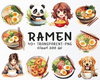 Watercolor Ramen Clipart Bundle: Japanese Food PNG Files (Digital Download, 1024x1024px, 300 DPI)
