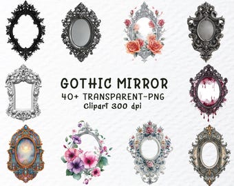 Aquarell-Gotik-Spiegel-Clipart-PNG-Bundle: Transparenter Hintergrund (Digitaler Download)