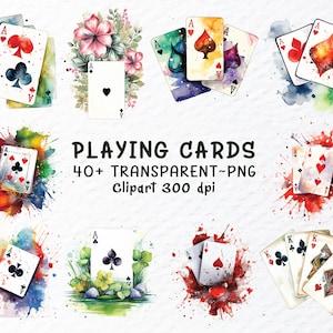 Puede incluir: Ilustraciones en acuarela de naipes, incluyendo ases y figuras, con varios símbolos de palo. Las cartas están sobre salpicaduras de acuarela coloridas y fondos florales. El texto dice "PLAYING CARDS 40+ TRANSPARENT~PNG Clipart 300 dpi."