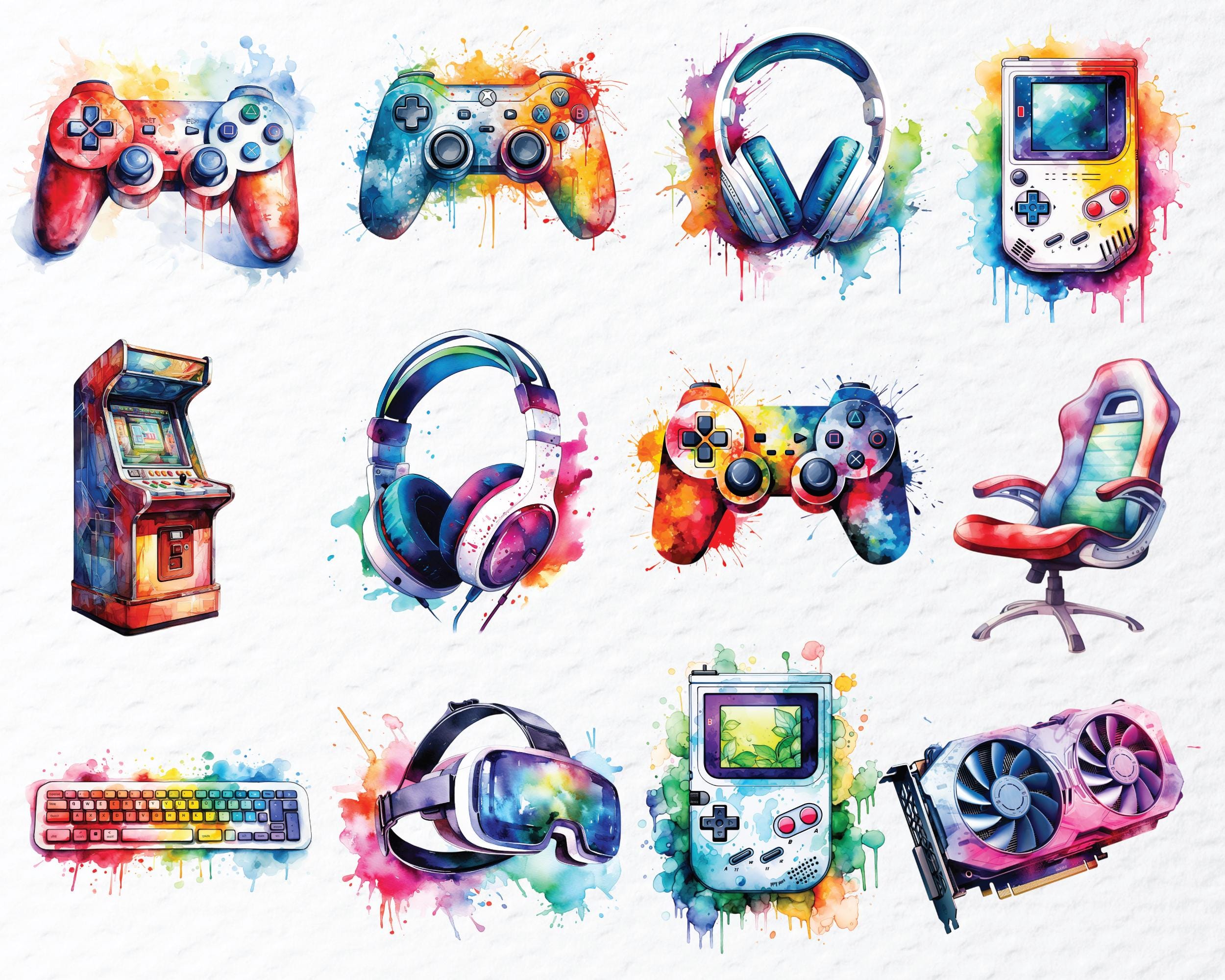 Watercolor Video Game Clipart Bundle: Gaming Controller PNG (digital ...