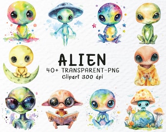 Watercolor Alien Clipart | UFO PNG Bundle (Digital Download)