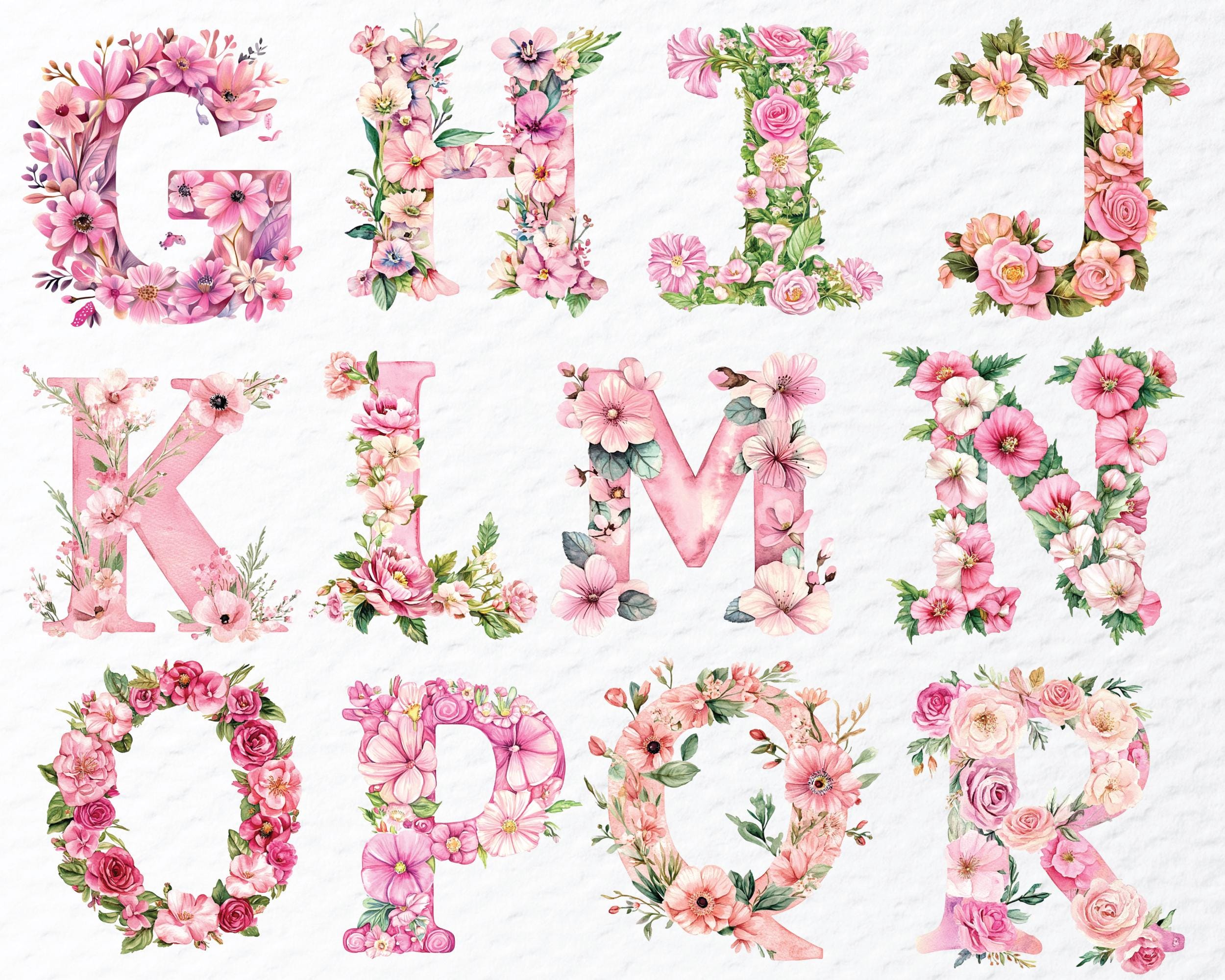 Watercolor Floral Alphabet Clipart: Transparent PNG Bundle (digital ...