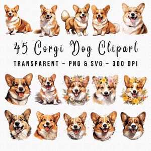 Ensemble de cliparts PNG de chien corgi | Fichiers Svg Png de chien Welsh Corgi, chiens Png Clip Art, clipart chiot aquarelle, sublimation Png Transparent Corgi