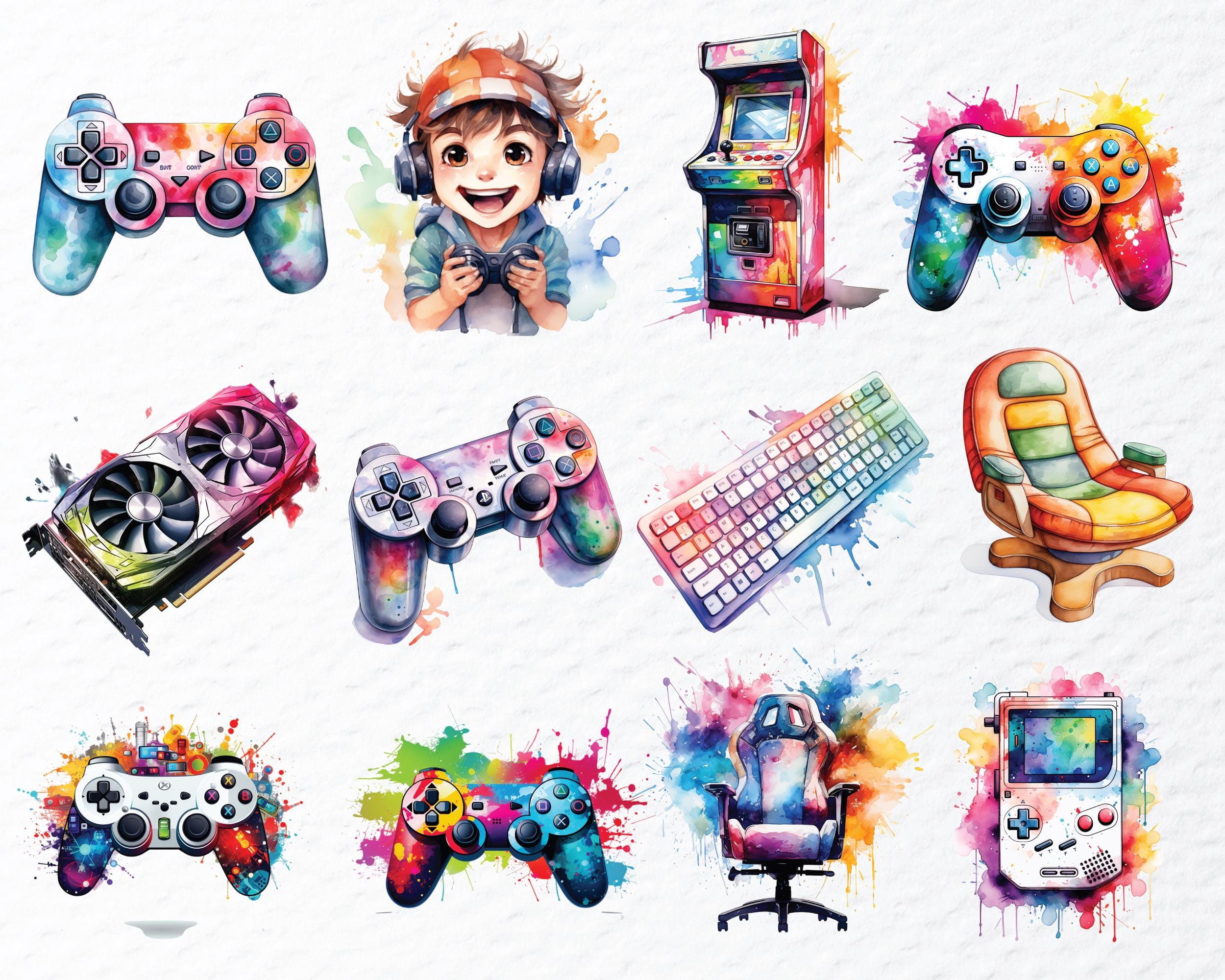 Watercolor Video Game Clipart Bundle: Gaming Controller PNG (digital ...
