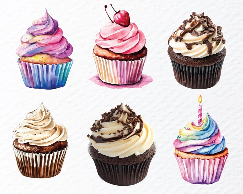 Watercolor Cupcake PNG Clipart Bundle: Birthday Dessert Graphics ...