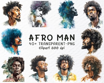 Afro Man Clipart Bundle, Natural Hair Black Man PNG, Male Portrait Character Art