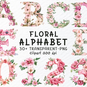Bundle de cliparts Png alphabet floral, fichier Png alphabet floral aquarelle, sublimation transparente sticker, Alphabet Clipart Png, Clipart Floral