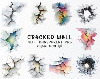 May include: A collection of watercolor-style images depicting cracked walls. The designs feature various colors, including white, gray, blue, yellow, and pink. Text on the image reads "CRACKED WALL" and "40+ TRANSPARENT~PNG CLIPART 300 dpi."