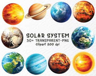Solar System Png Clipart Bundle, Watercolor Solar System Png Files, Solar System Planet Clipart Png, Solar System Decal, Transparent Clipart