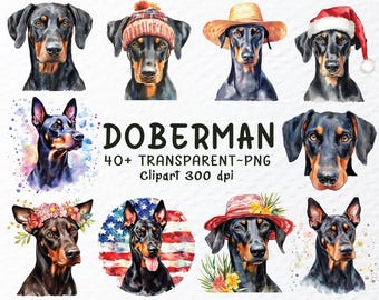 Watercolor Doberman Dog PNG Clipart Bundle (Digital Download)