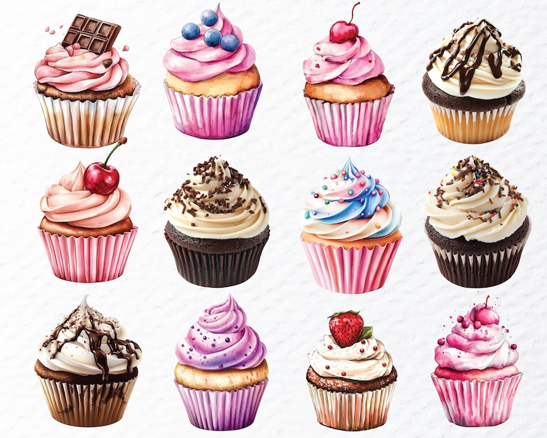 Watercolor Cupcake PNG Clipart Bundle: Birthday Dessert Graphics ...
