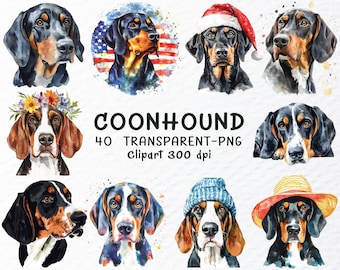 Watercolor Coonhound Dog Clipart Bundle (PNG)