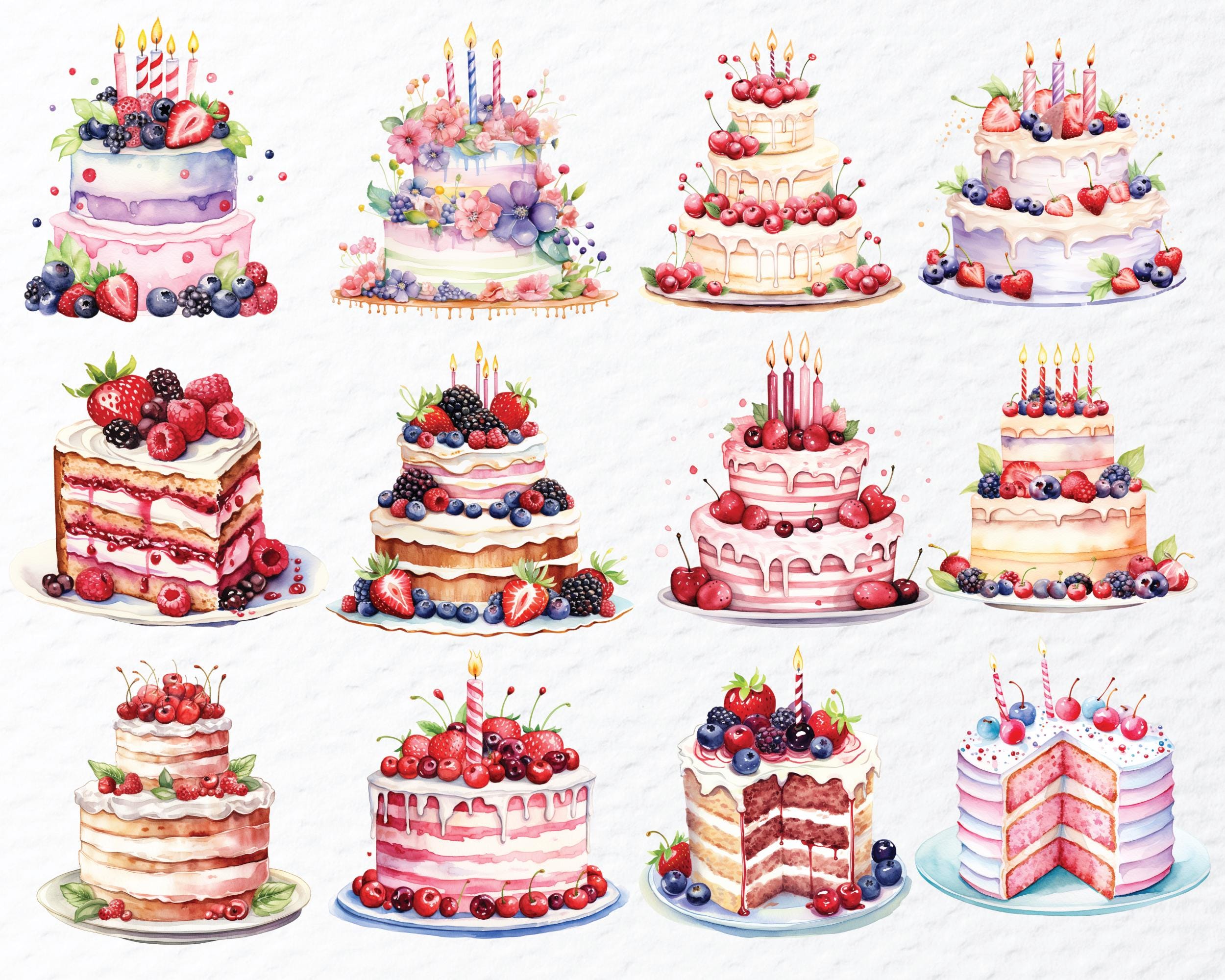 Watercolor Birthday Cake Clipart PNG Bundle: Transparent Decals ...