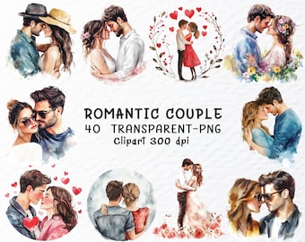 Clipart de pareja en acuarela: Paquete de diseños PNG románticos (descarga digital)