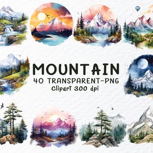 Mountain Clipart Png Bundle, Watercolor Mountain Png Files, Mountain Lake Clipart, Landscape Png, Mountain View, Mountain Decal Transparent