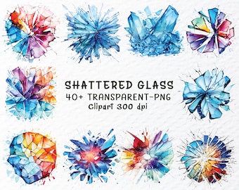 Watercolor Shattered Glass Clipart Bundle: Transparent PNG Files (Digital Download)