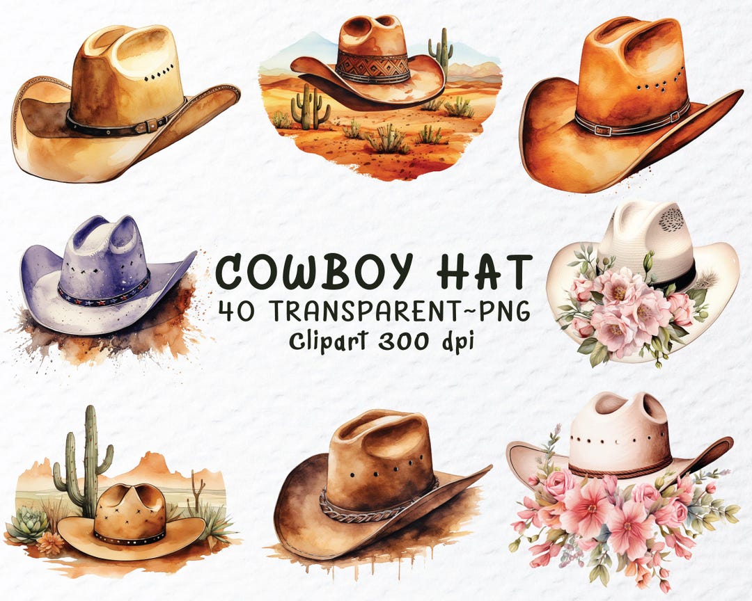 Watercolor Cowboy Hat Clipart Bundle, Wild West Png Files (digital ...