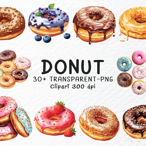 Donut clipart png bundel, aquarel donut png-bestanden, zoete bakkerij eten clipart, donut verjaardagsfeestje illustraties, donut sticker transparante png