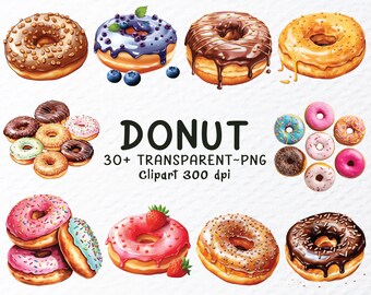 Watercolor Donut Clipart Bundle: Bakery PNG Files (1024x1024px, Digital Download