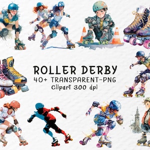 Puede incluir: Ilustraciones en acuarela de patinadores de roller derby en acción, con cascos y equipo de protección. La imagen incluye pares de patines y el texto "ROLLER DERBY 40+ TRANSPARENT-PNG Clipart 300 dpi."
