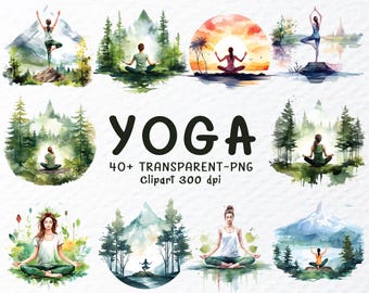 Paquete de imágenes PNG de yoga en acuarela: Mujer meditando, fondo transparente (1024 x 1024 px, 300 DPI) (Descarga digital)