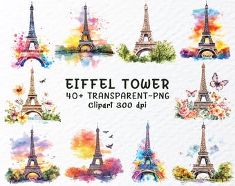 Watercolor Eiffel Tower PNG Clipart Bundle (Digital Download)