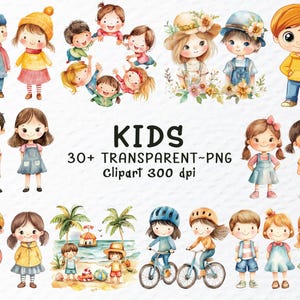 Pacchetto di clipart PNG per bambini ad acquerello / File PNG per bambini, clipart per ragazzi e ragazze, bambini felici, bambini carini, adesivi per bambini, clipart trasparenti per bambini in formato PNG