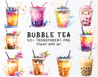Watercolor Bubble Tea Clipart Bundle: Kawaii Boba Tea PNG Files (Digital Download)