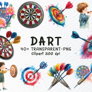 May include: Watercolor clipart set featuring darts, dartboards, and children playing darts. The image includes various dartboard designs, colorful darts, and the word "DART" in bold letters. The text also mentions "40+ TRANSPARENT~PNG Clipart 300 dpi."