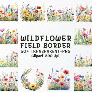 Wildflower veldrand clipart png, aquarel wilde bloemen veld png-bestanden, zomerbloemen clipart, wilde bloemen grens png, bloemen sticker png
