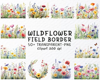 Watercolor Wildflower Field Border Clipart: Summer Floral PNG Files (1024x1024px Digital Download)