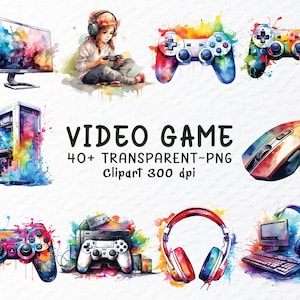 ビデオゲームのクリップアートPNGバンドル、水彩画のビデオゲームPNGファイル、ゲーム用クリップアート、ゲームコントローラーPNG、ゲーマー用クリップアート、ゲーム用デカール透明