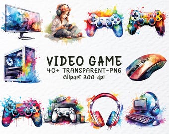 Paquete de imágenes prediseñadas de videojuegos en acuarela: Mando de juego PNG (descarga digital, 1024 x 1024 px, 300 DPI)