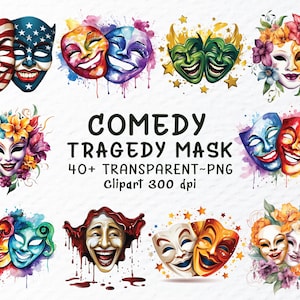 Puede incluir: Una colección de máscaras de comedia y tragedia en acuarela. Las máscaras son de varios colores, incluyendo rojo, azul, amarillo y verde, y están decoradas con flores y estrellas. El texto en la imagen dice "COMEDY TRAGEDY MASK 40+ TRANSPARENT~PNG Clipart 300 dpi."