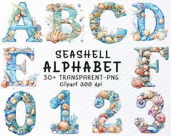 Watercolor Seashell Alphabet Clipart Bundle (PNG Files)