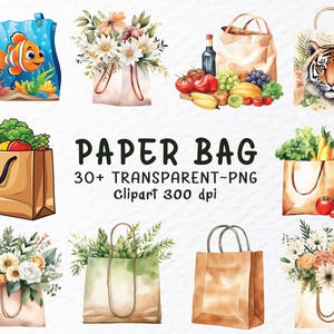 Bundle de cliparts Png de sac en papier, fichiers Png de sac en papier aquarelle, sac en papier brun Png, cliparts de sac d'épicerie, sac de fleurs Png, sac à imprimé animal Png