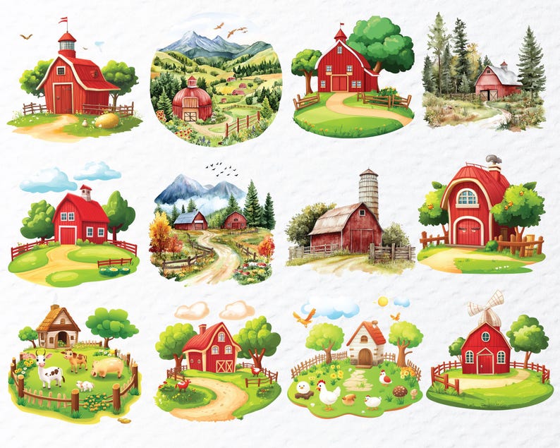 Watercolor Farm Clipart Bundle: Farm Animal & Landscape PNG Files ...