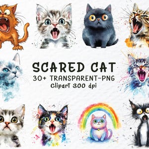 May include: A set of 30+ digital illustrations of scared cats in various poses and styles. The illustrations are in watercolor style and feature a variety of colors, including orange, brown, black, white, and gray. The text "Scared Cat" is written in bold letters at the top of the image, and the text "30+ Transparent PNG Clipart 300 dpi" is written below it.
