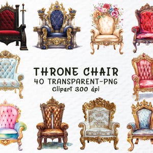 Troonstoel png clipartbundel, aquarel troonstoel png-bestanden, historische png, koninklijke png, troonstoel sticker, transparante stoel clipart