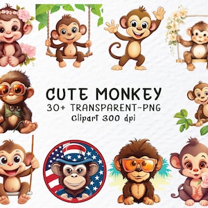 Süßer Affe Png Clipart Bundle | Aquarell süßer Affe Png-Dateien | Safari Tier Clipart Png, niedlicher Affe Aufkleber, transparenter Affe Clipart