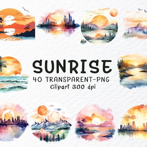 Könnte beinhalten: Eine Sammlung von Aquarell-Clipart-Bildern mit Sonnenaufgangsszenen. Die Bilder zeigen verschiedene Landschaften, darunter Stadtlandschaften, Berge und Strände, alle mit leuchtend orangefarbenen und gelben Himmeln. Der Text "SUNRISE" und weitere Details sind ebenfalls enthalten.