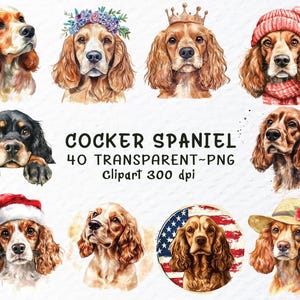 May include: A collection of watercolour Cocker Spaniel illustrations, each with different accessories. The images include dogs wearing floral crowns, crowns, hats, and scarves. The text "COCKER SPANIEL 40 TRANSPARENT~PNG Clipart 300 dpi" is also visible.