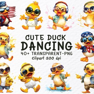 Cute Duck Dancing PNG Clipart Bundle, Cartoon Duckling PNG, Funny Animal Clipart, Kawaii Dance