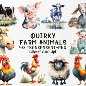 Könnte beinhalten: Aquarellillustrationen von skurrilen Bauernhoftieren, darunter eine Kuh, ein Schwein, eine Ziege, ein Pferd und ein Hahn. Der Text "QUIRKY FARM ANIMALS" ist in der Mitte des Bildes zu sehen.